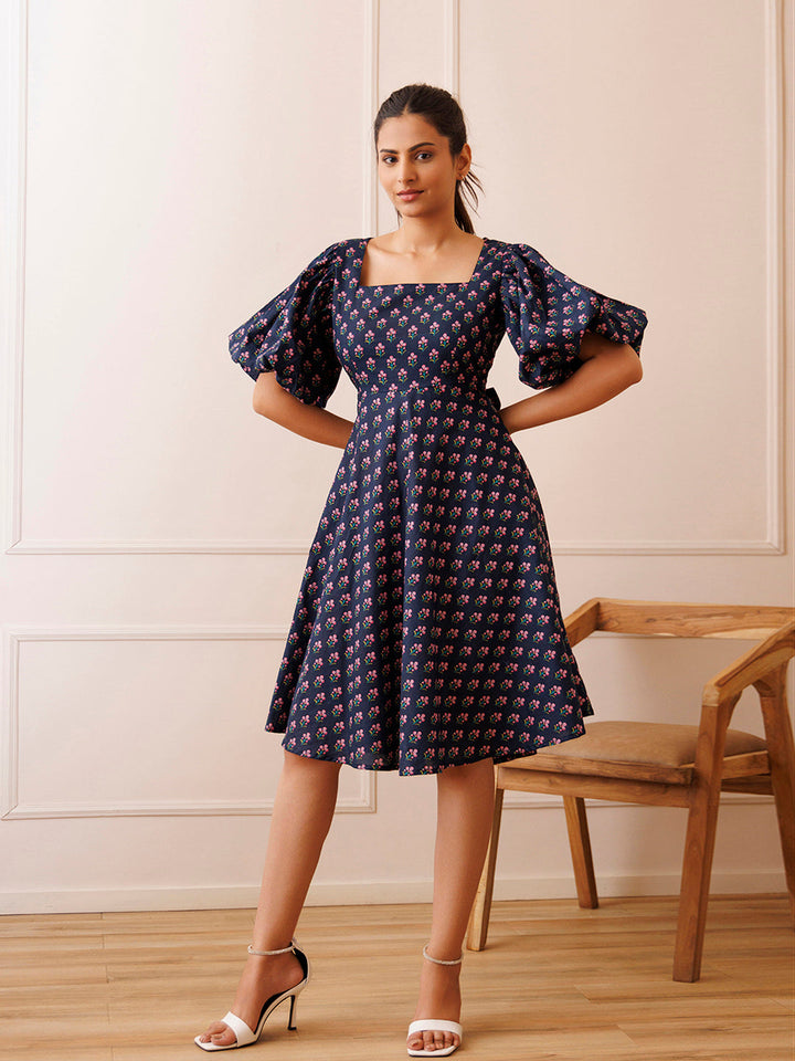 Ocean Pearl Blue Cotton Printed Dress by ragavi