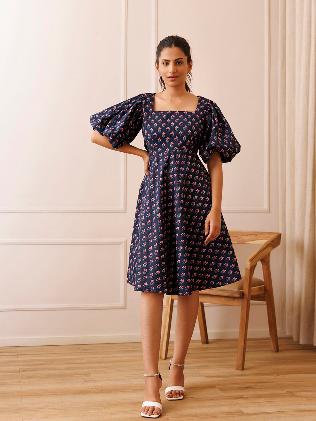 Ocean Pearl Blue Cotton Printed Dress by ragavi