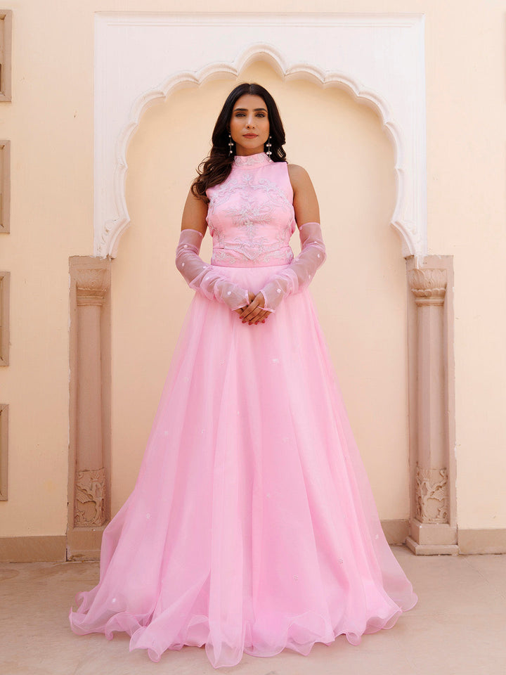 Soft Pink Organza Embroidered Lehenga Set BY RAGAVI