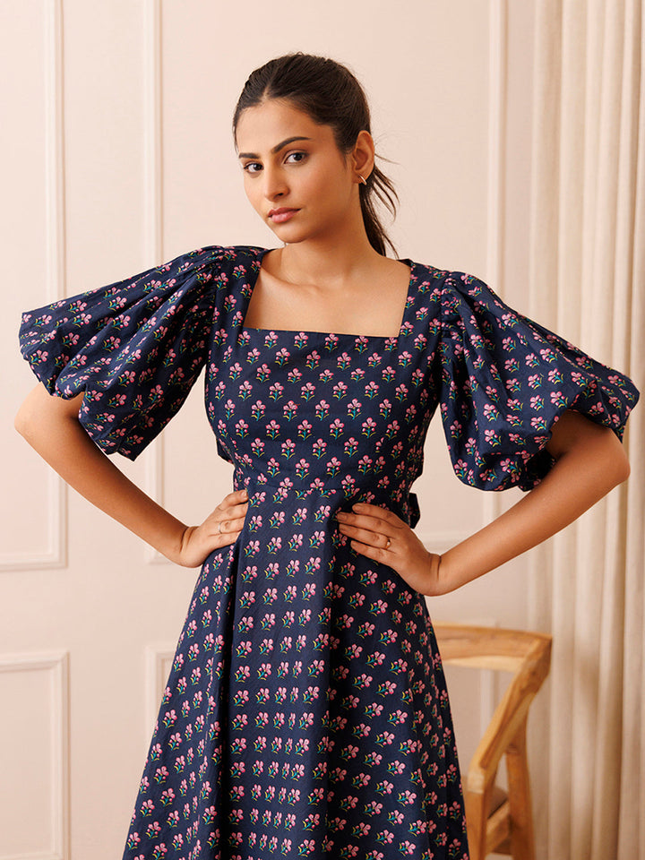 Ocean Pearl Blue Cotton Printed Dress by ragavi