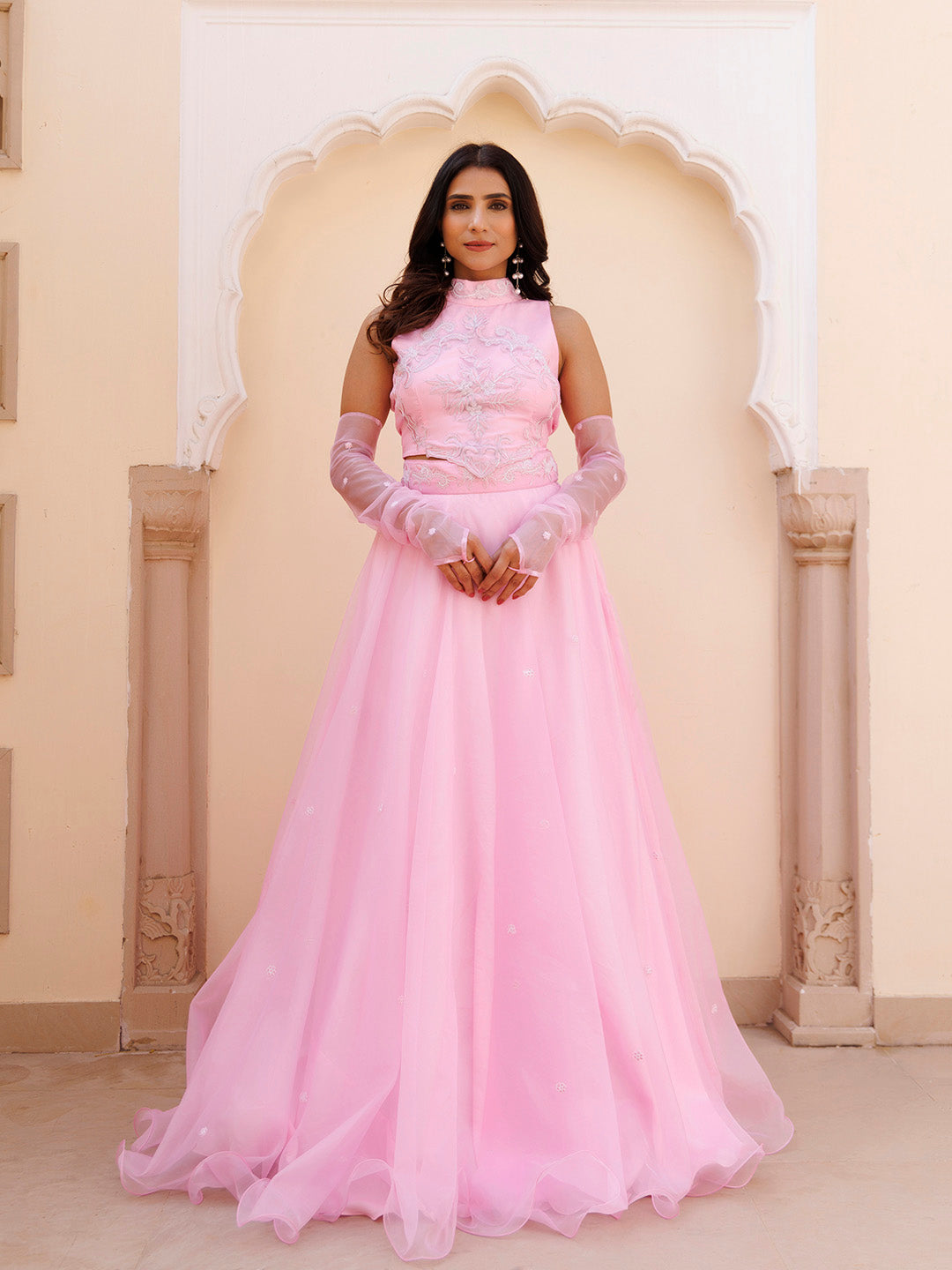 Soft Pink Organza Embroidered Lehenga Set BY RAGAVI