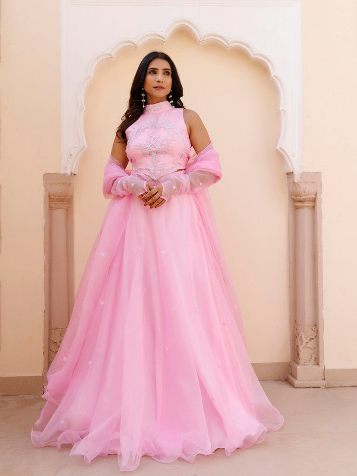 Soft Pink Organza Embroidered Lehenga Set BY RAGAVI