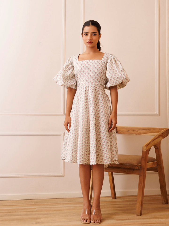 Dahlia White Cotton Printed Dress by ragavi