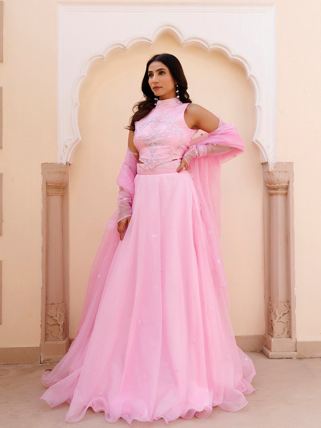 Soft Pink Organza Embroidered Lehenga Set BY RAGAVI