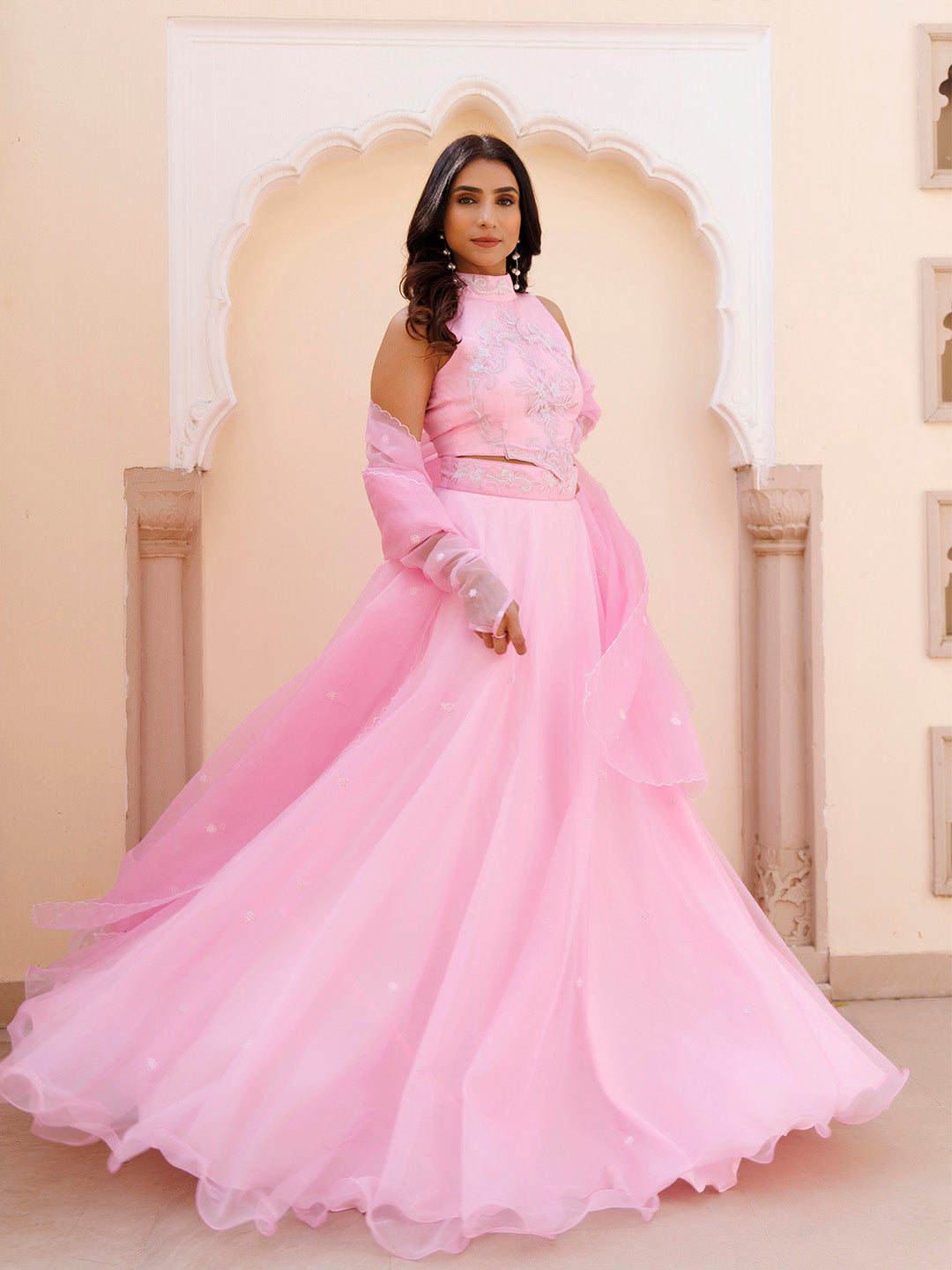 Soft Pink Organza Embroidered Lehenga Set BY RAGAVI