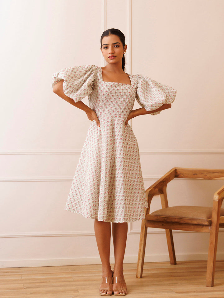 Dahlia White Cotton Printed Dress by ragavi