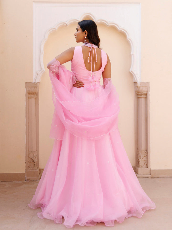 Soft Pink Organza Embroidered Lehenga Set BY RAGAVI