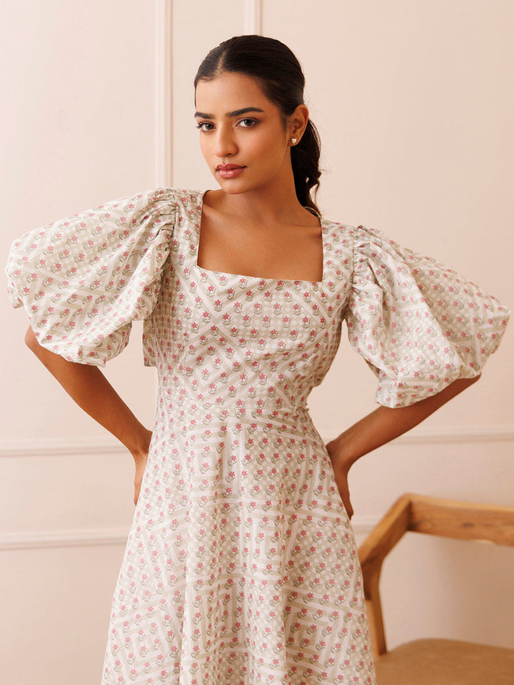 Dahlia White Cotton Printed Dress by ragavi