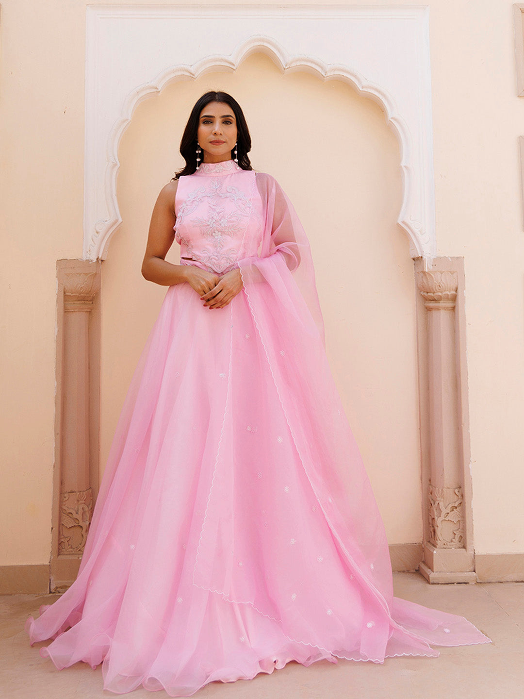 Soft Pink Organza Embroidered Lehenga Set BY RAGAVI