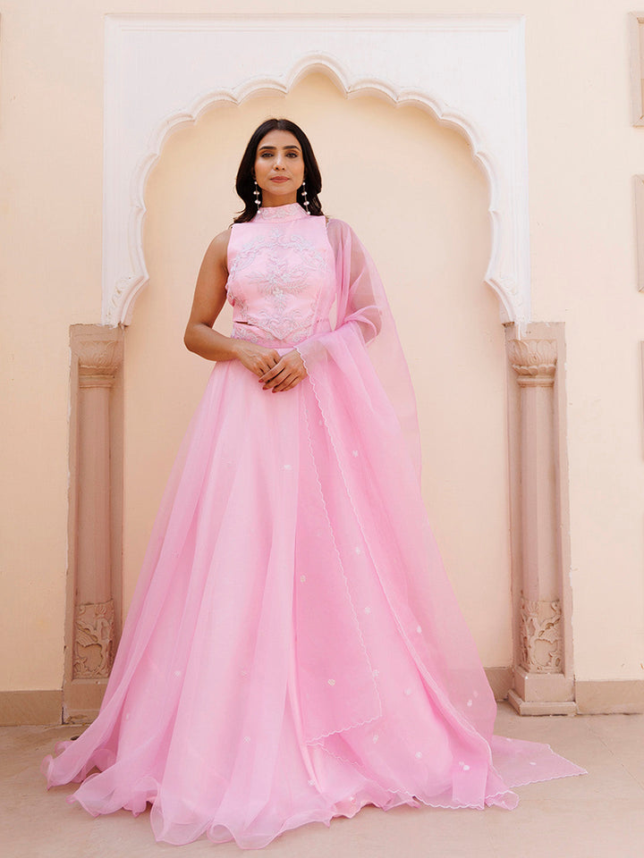 Soft Pink Organza Embroidered Lehenga Set BY RAGAVI