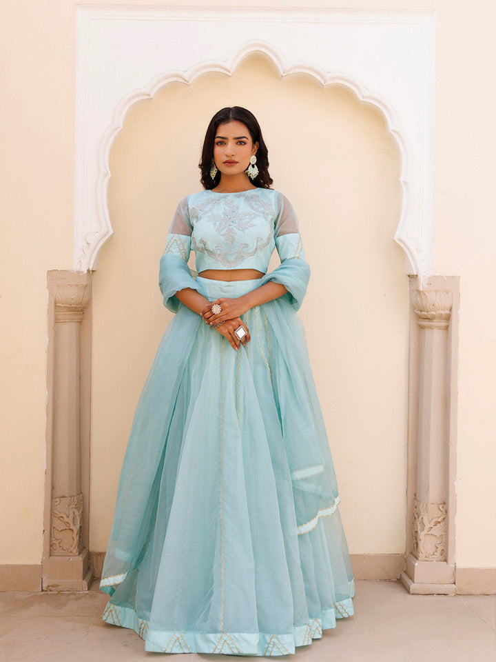 Aqua Blue Bay Organza Lehenga Set BY RAGAVI