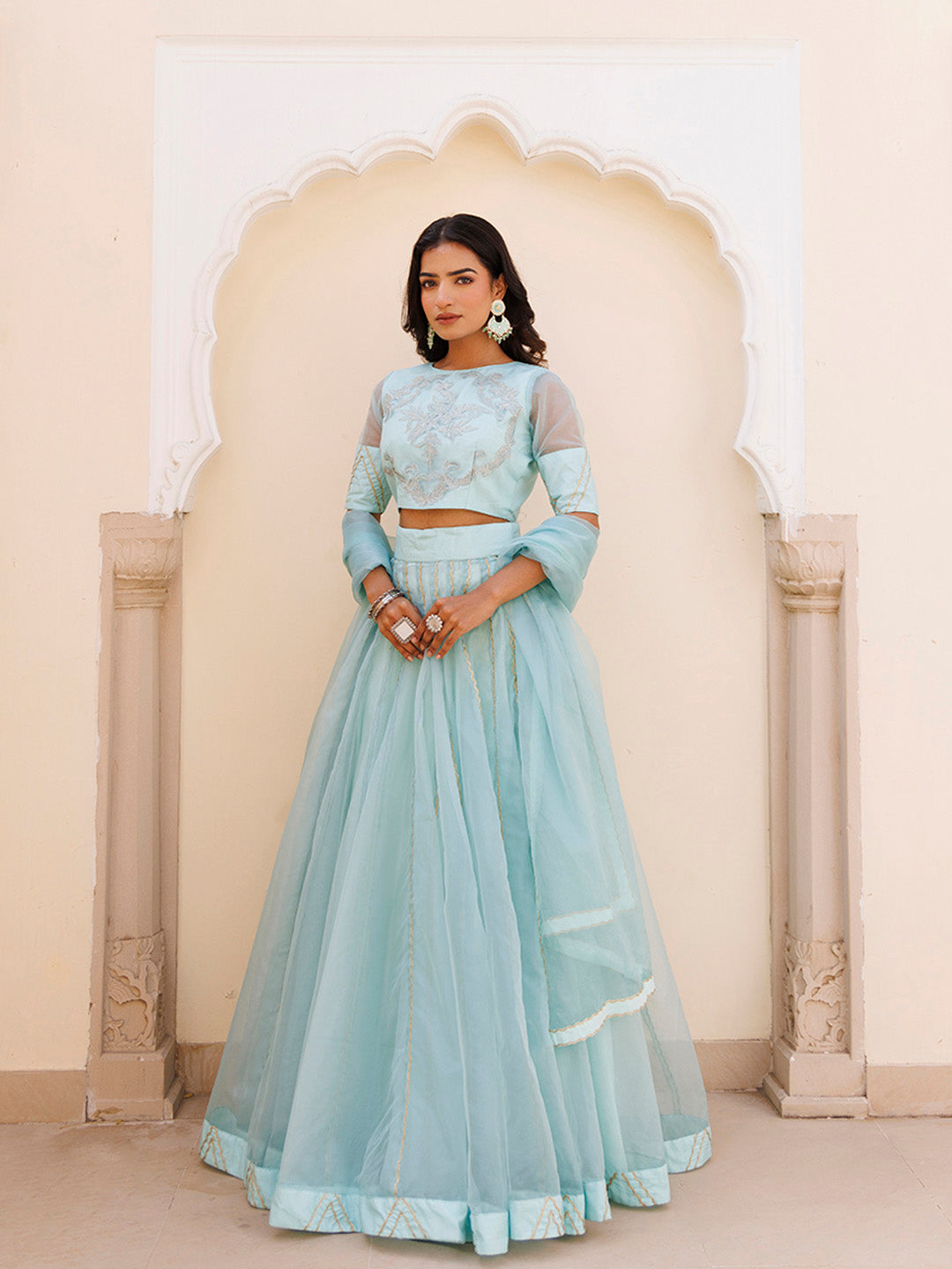 Aqua Blue Bay Organza Lehenga Set BY RAGAVI