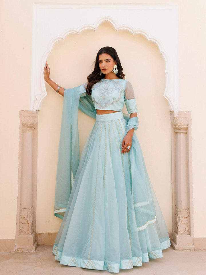 Aqua Blue Bay Organza Lehenga Set BY RAGAVI