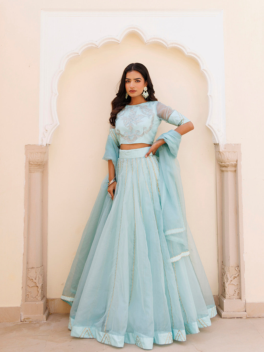 Aqua Blue Bay Organza Lehenga Set BY RAGAVI