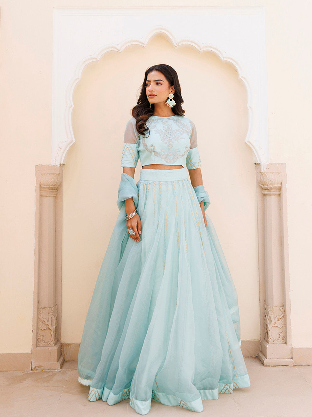 Aqua Blue Bay Organza Lehenga Set BY RAGAVI