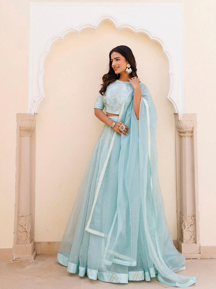 Aqua Blue Bay Organza Lehenga Set BY RAGAVI