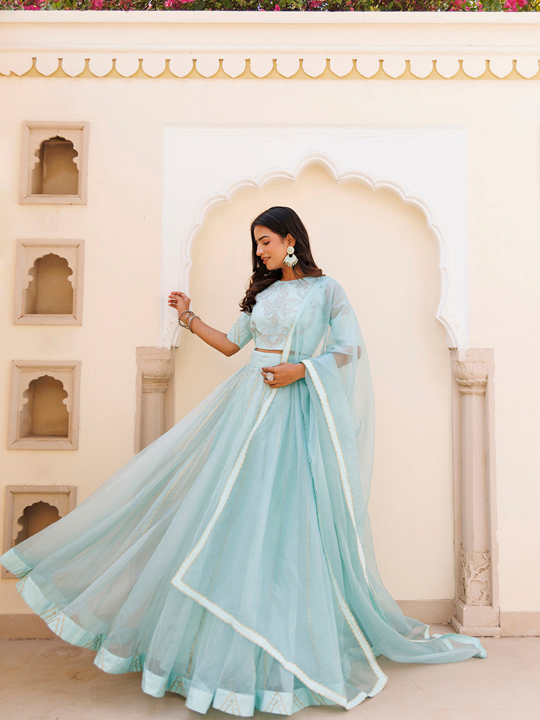 Aqua Blue Bay Organza Lehenga Set BY RAGAVI