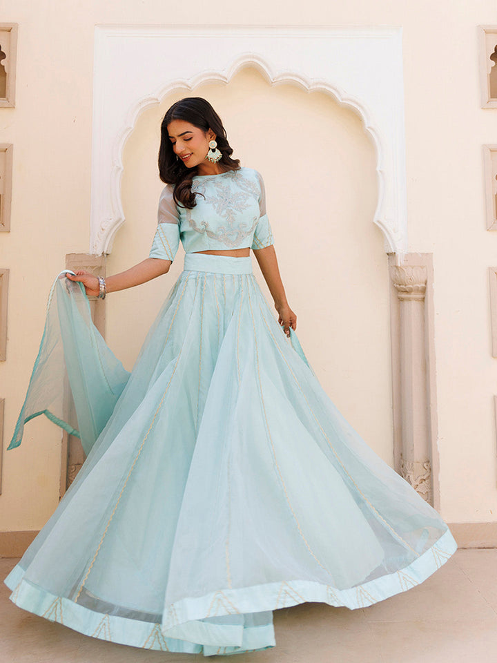 Aqua Blue Bay Organza Lehenga Set BY RAGAVI