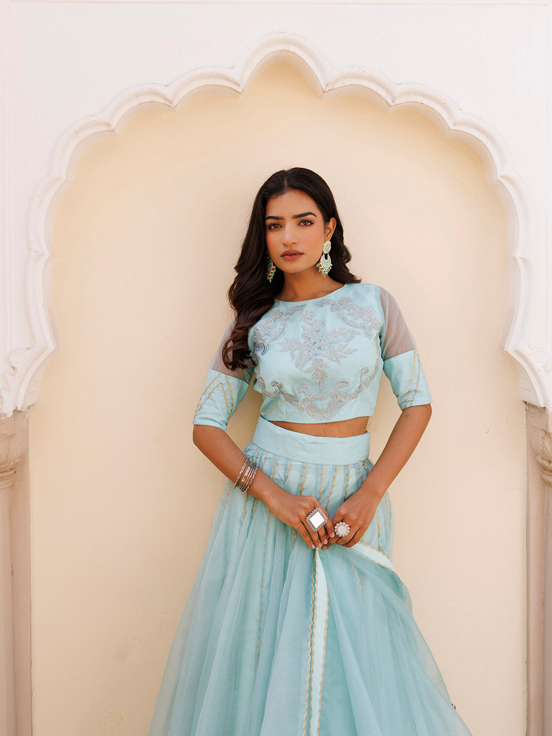 Aqua Blue Bay Organza Lehenga Set BY RAGAVI