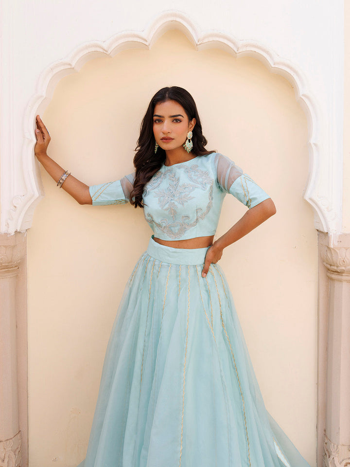 Aqua Blue Bay Organza Lehenga Set BY RAGAVI