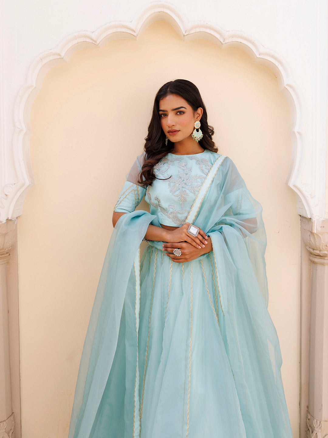 Aqua Blue Bay Organza Lehenga Set BY RAGAVI