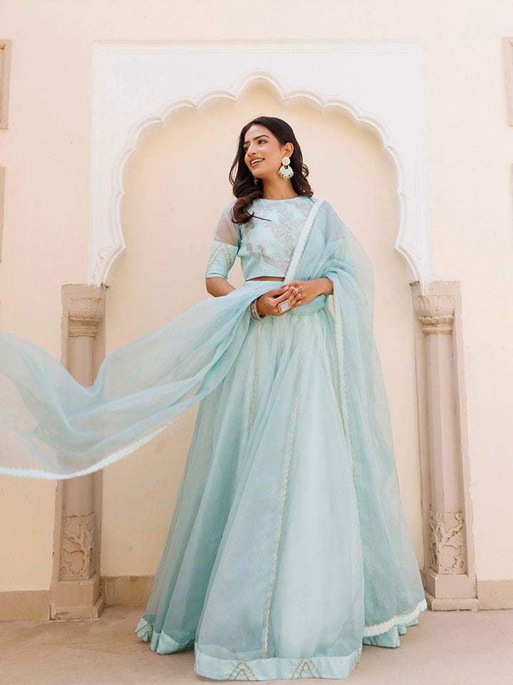 Aqua Blue Bay Organza Lehenga Set BY RAGAVI