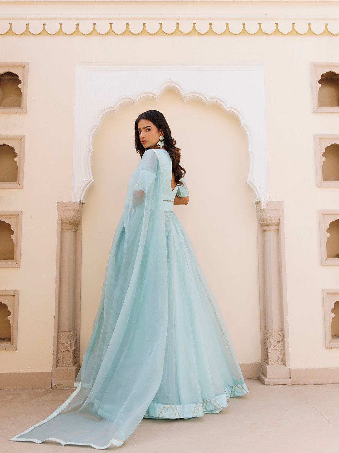 Aqua Blue Bay Organza Lehenga Set BY RAGAVI