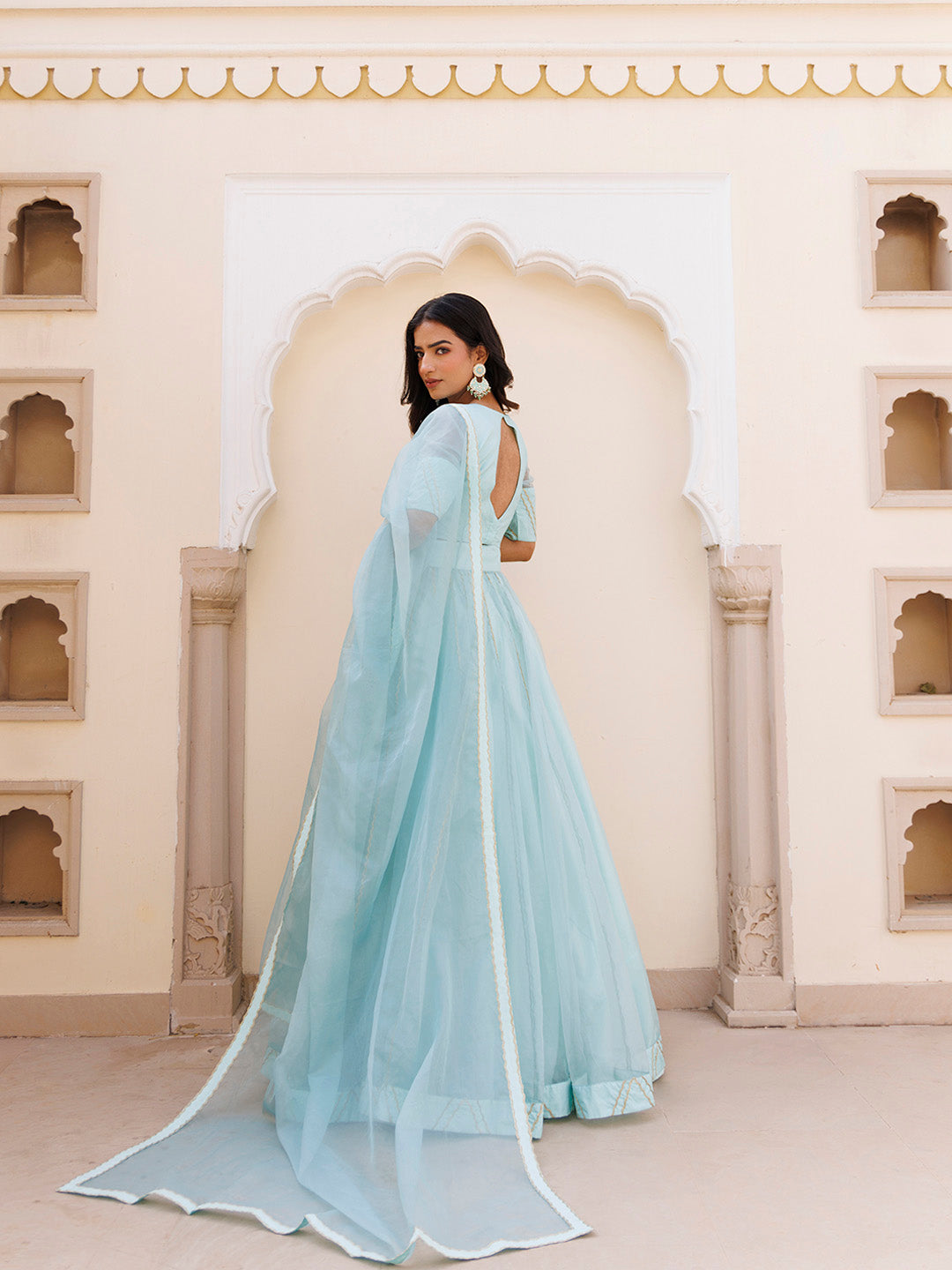 Aqua Blue Bay Organza Lehenga Set BY RAGAVI