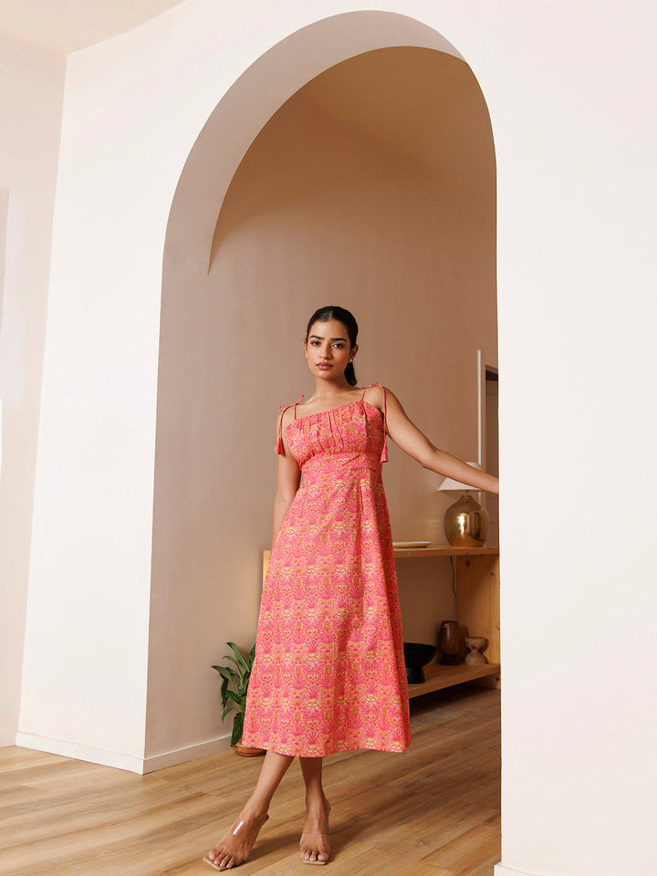 Gerbera Pink Cotton Printed Midi Dress by ragavi