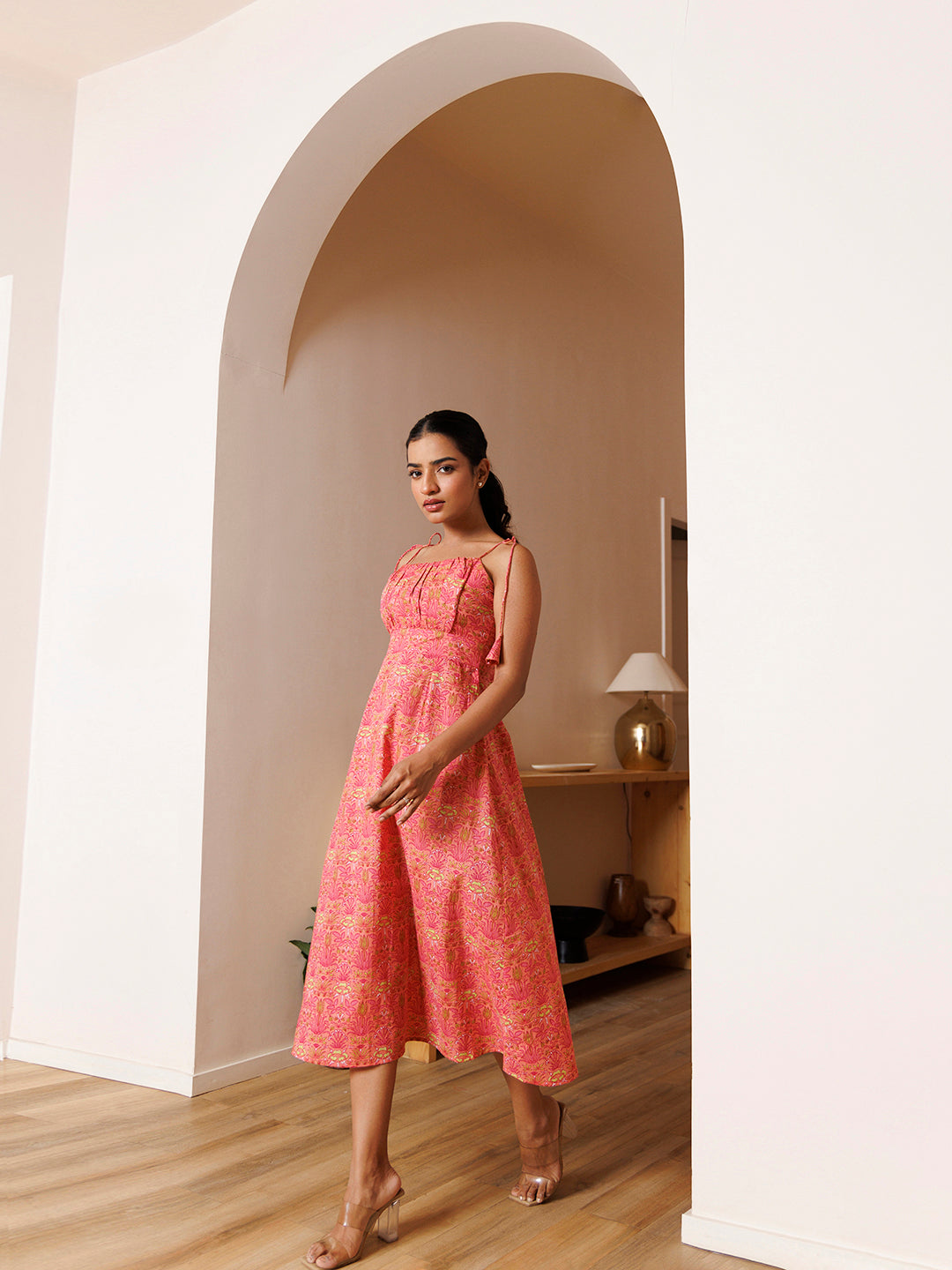 Gerbera Pink Cotton Printed Midi Dress by ragavi