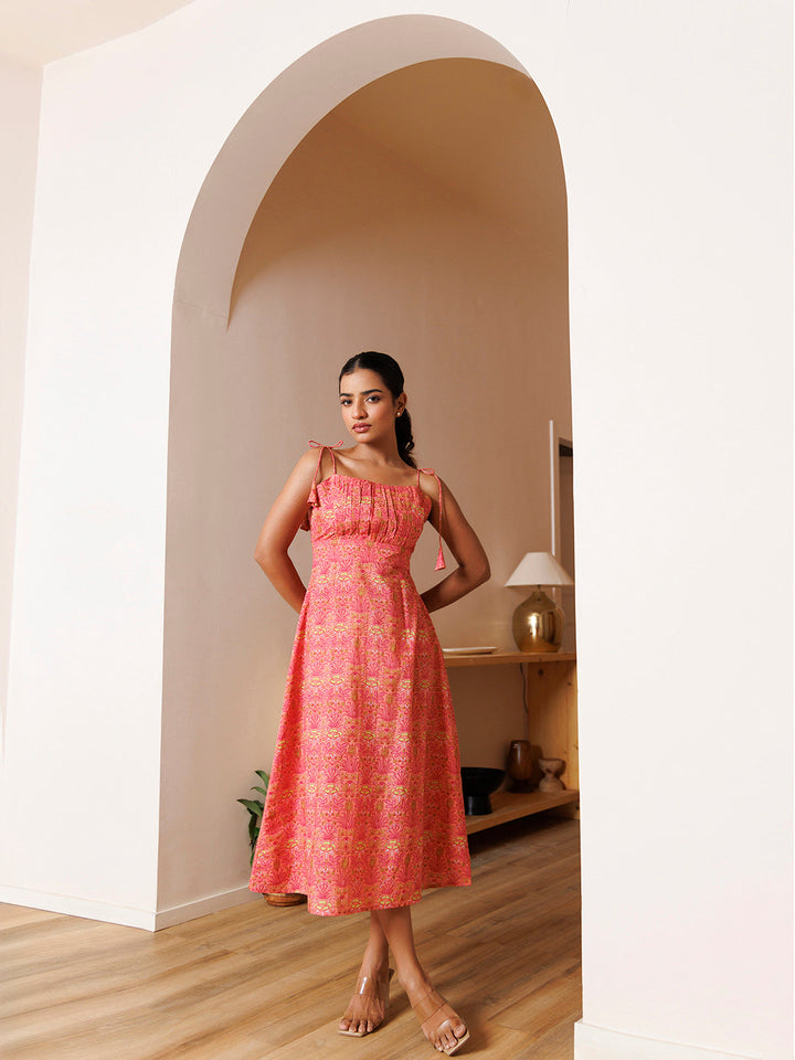 Gerbera Pink Cotton Printed Midi Dress by ragavi