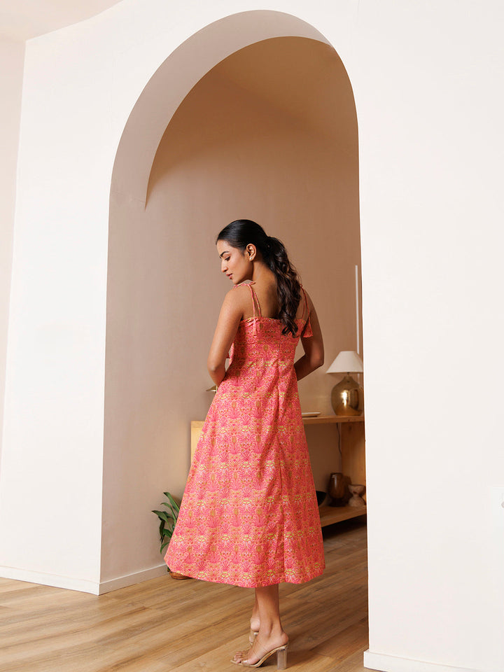 Gerbera Pink Cotton Printed Midi Dress by ragavi