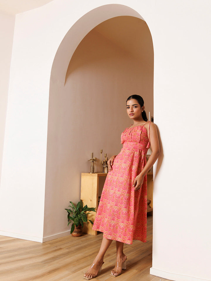 Gerbera Pink Cotton Printed Midi Dress by ragavi