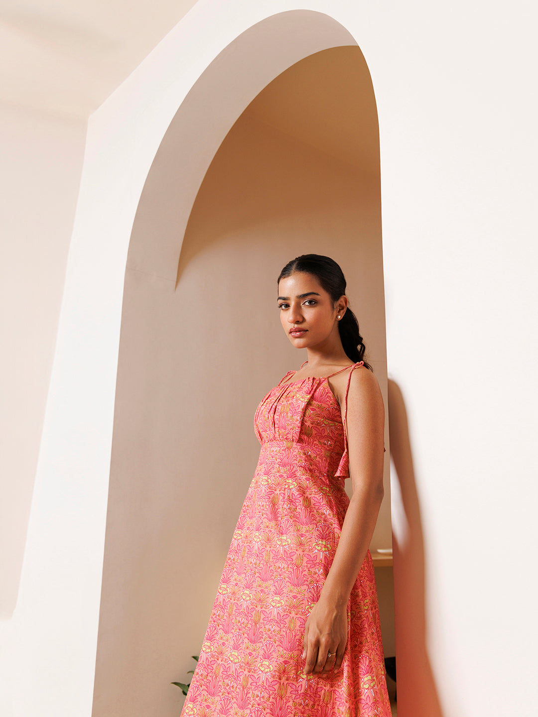 Gerbera Pink Cotton Printed Midi Dress by ragavi