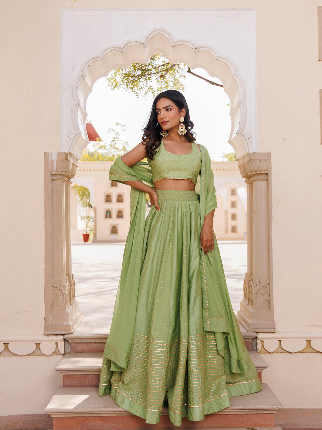 Arcadian Green Silk Lehenga Set BY RAGAVI