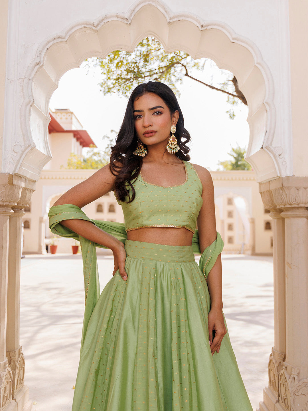 Arcadian Green Silk Lehenga Set BY RAGAVI