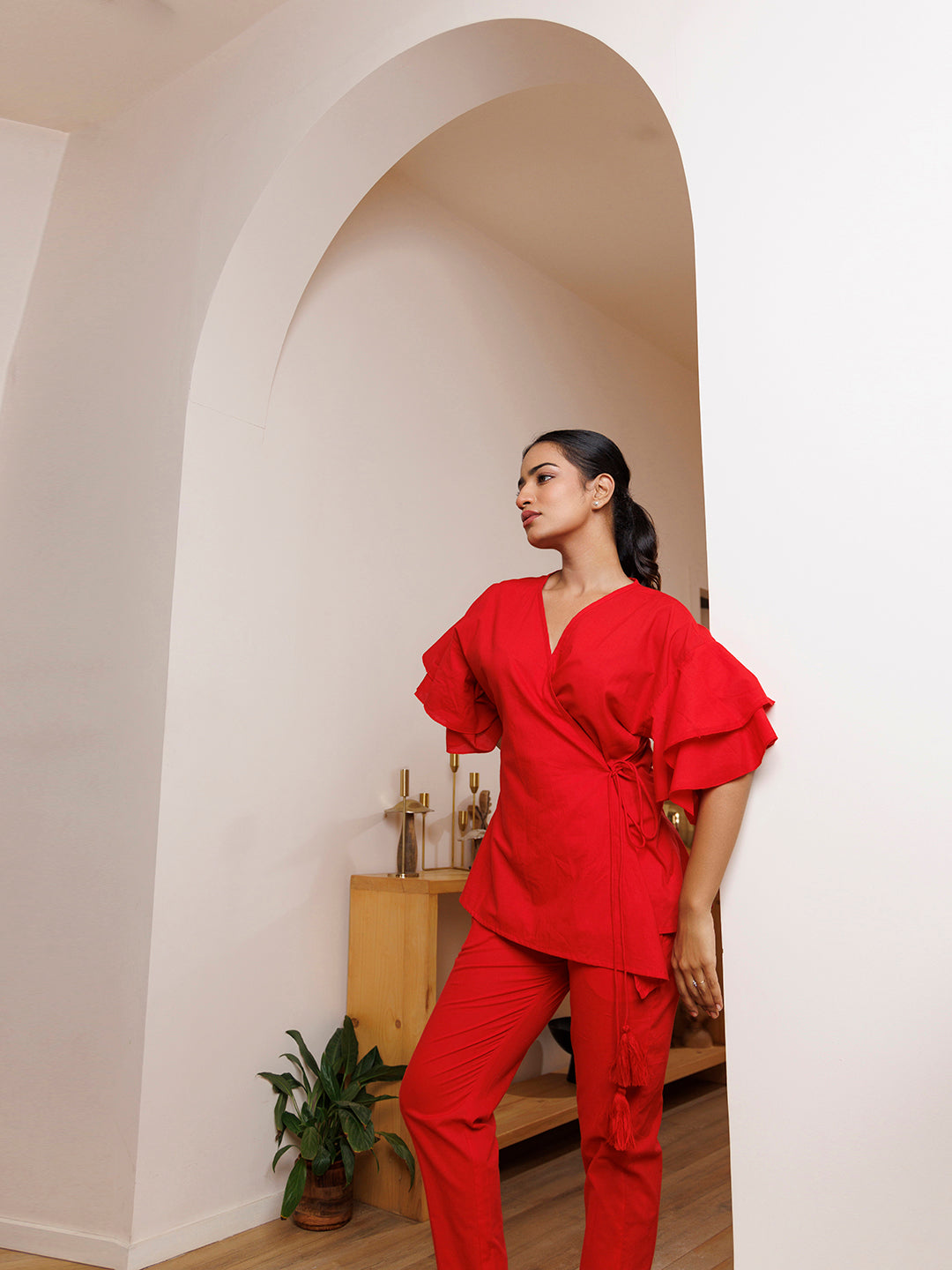 Scarlet Bee Balm Red Cotton Co- Ord Set  - By Ragavi - qivii