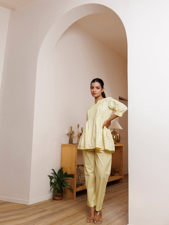 Witch Hazel Yellow Cotton Printed Co -Ord Set by ragavi