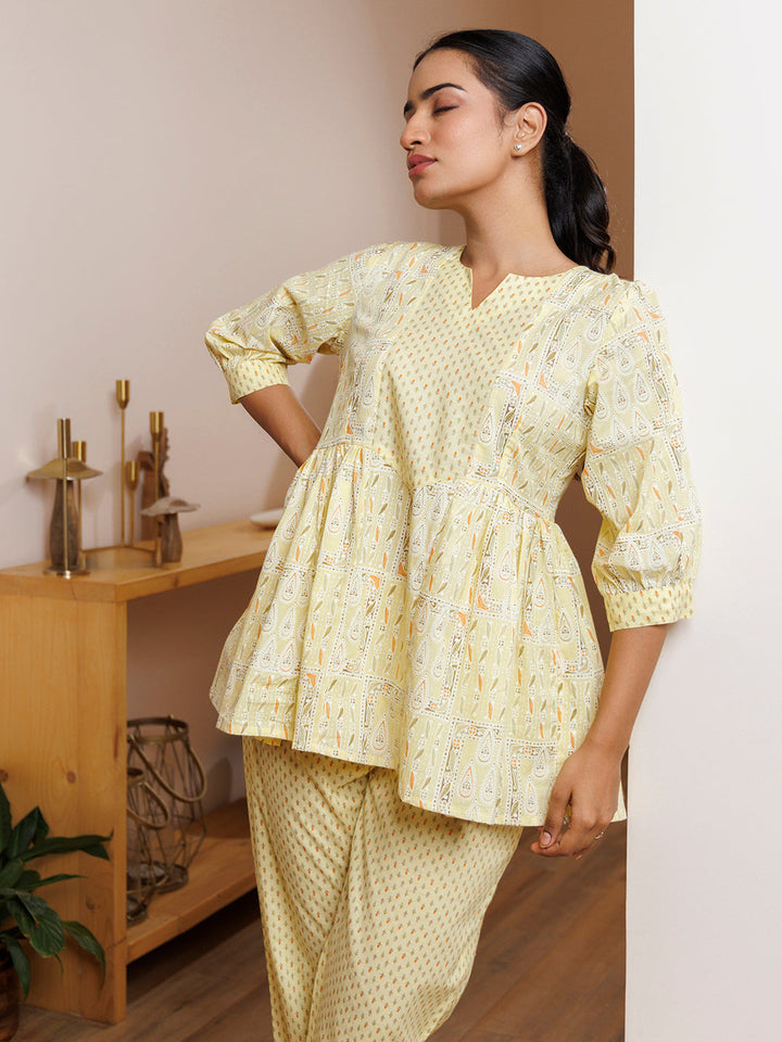 Witch Hazel Yellow Cotton Printed Co -Ord Set by ragavi