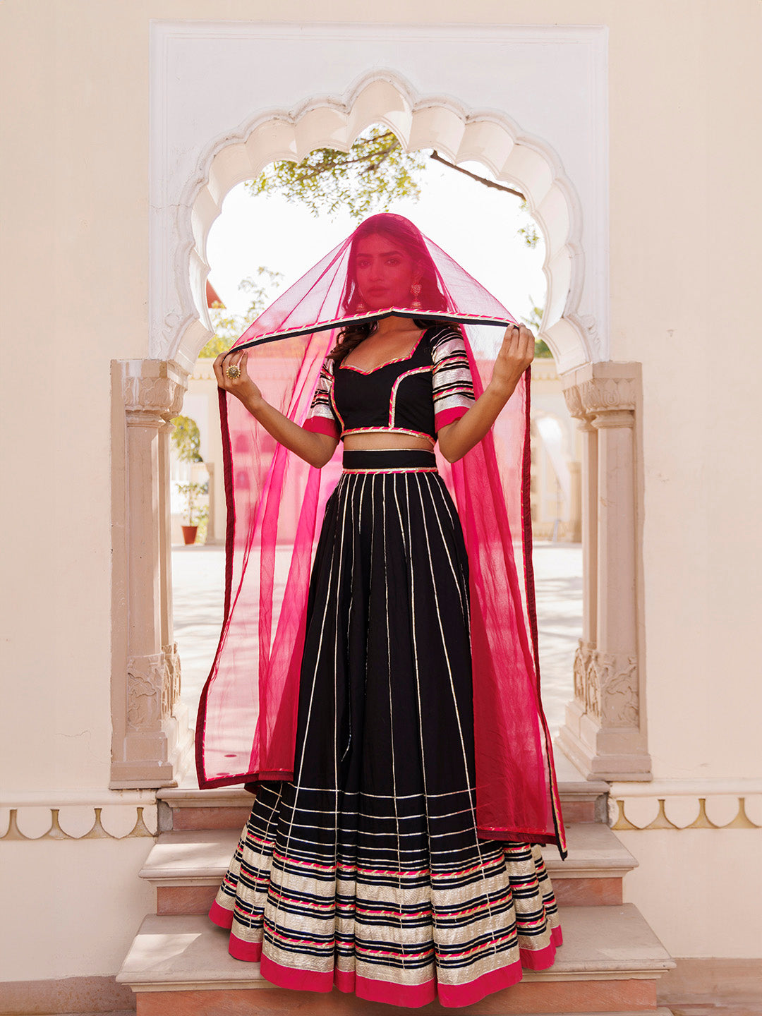 Blackened Pearl and Pink Cotton Lehenga Set BY RAGAVI