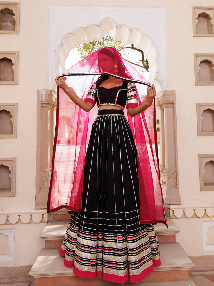 Blackened Pearl and Pink Cotton Lehenga Set BY RAGAVI