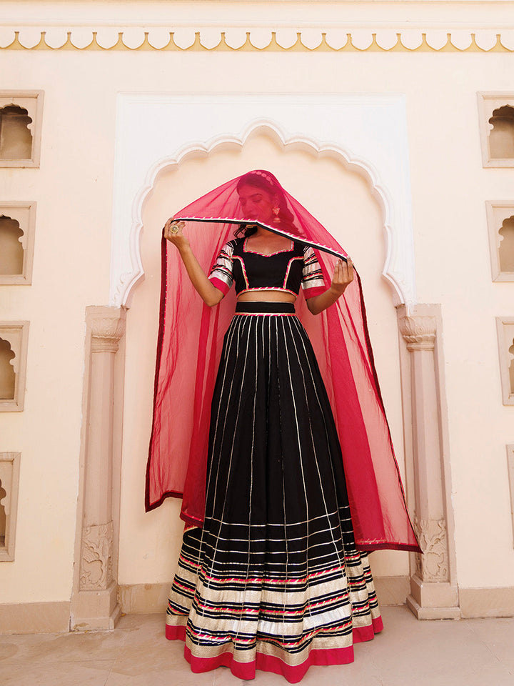 Blackened Pearl and Pink Cotton Lehenga Set BY RAGAVI