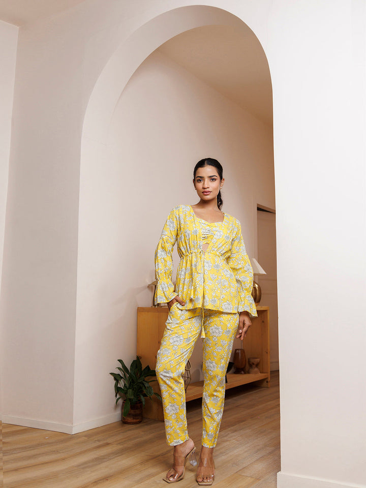 Blooming Yellow Cotton Printed Co- Ord Set by ragavi