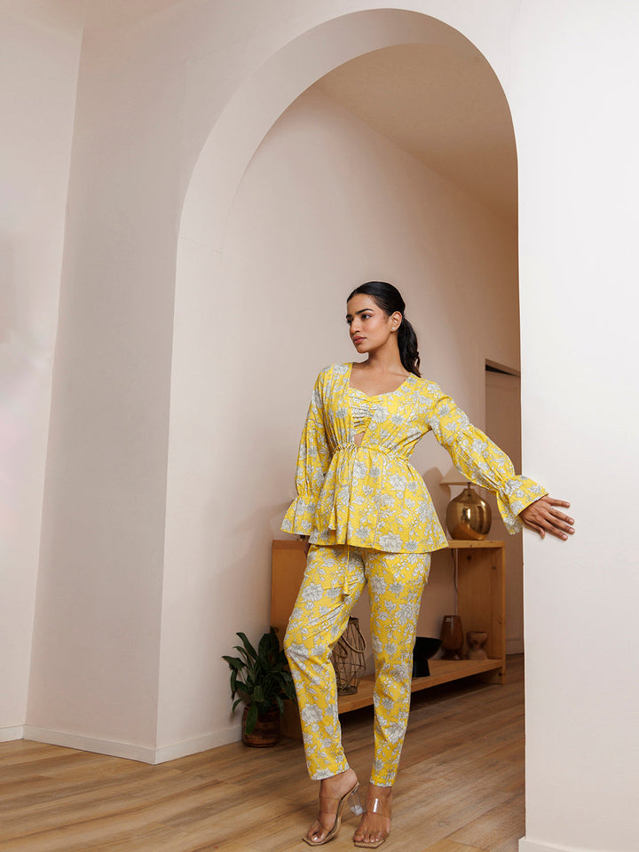 Blooming Yellow Cotton Printed Co- Ord Set by ragavi