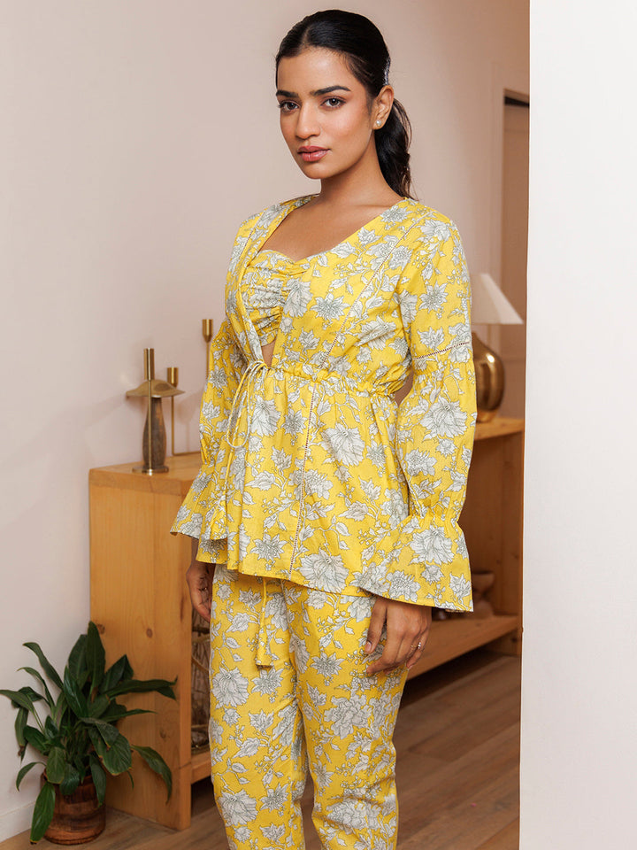 Blooming Yellow Cotton Printed Co- Ord Set by ragavi