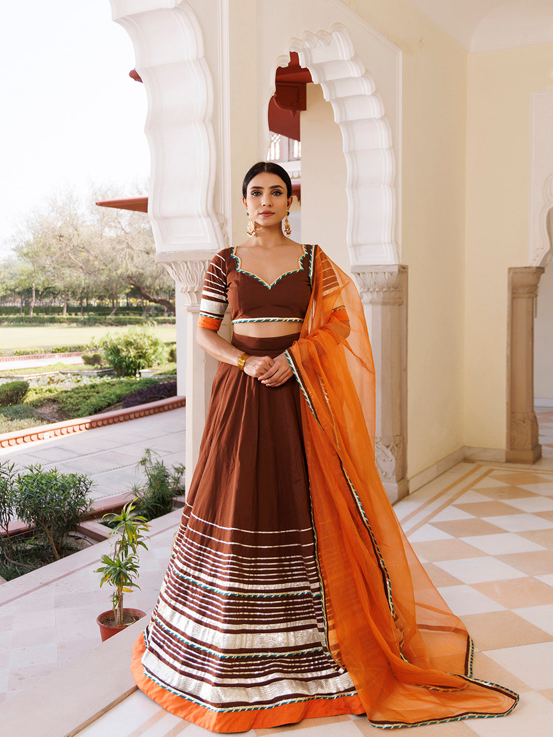 Brunette Brown and Orange Cotton Lehenga Set BY RAGAVI