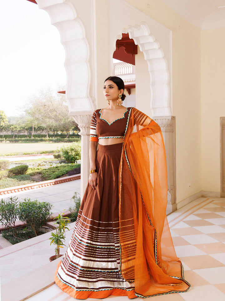 Brunette Brown and Orange Cotton Lehenga Set BY RAGAVI