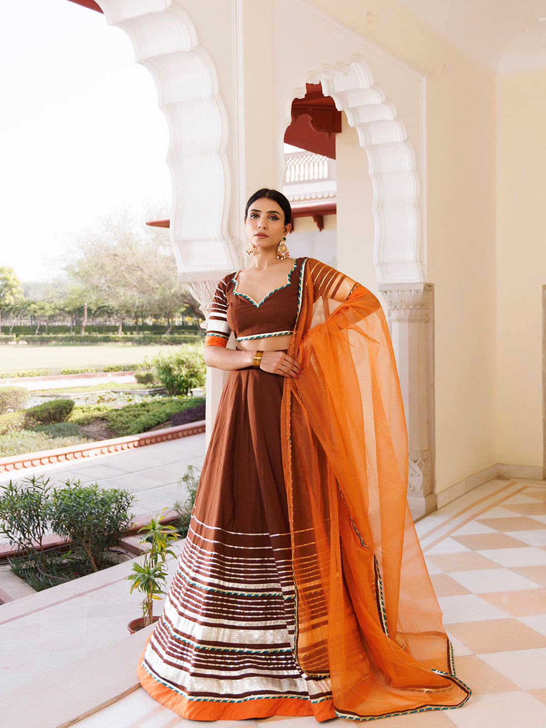 Brunette Brown and Orange Cotton Lehenga Set BY RAGAVI