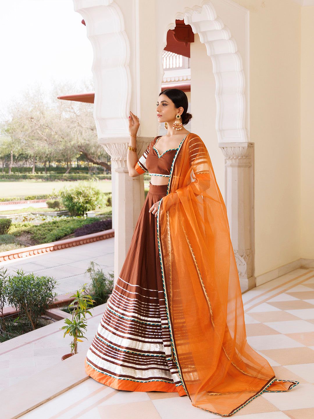 Brunette Brown and Orange Cotton Lehenga Set BY RAGAVI