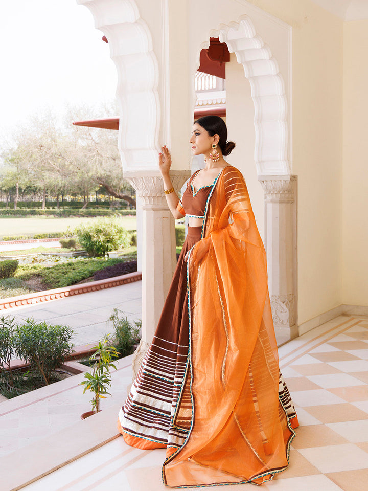 Brunette Brown and Orange Cotton Lehenga Set BY RAGAVI